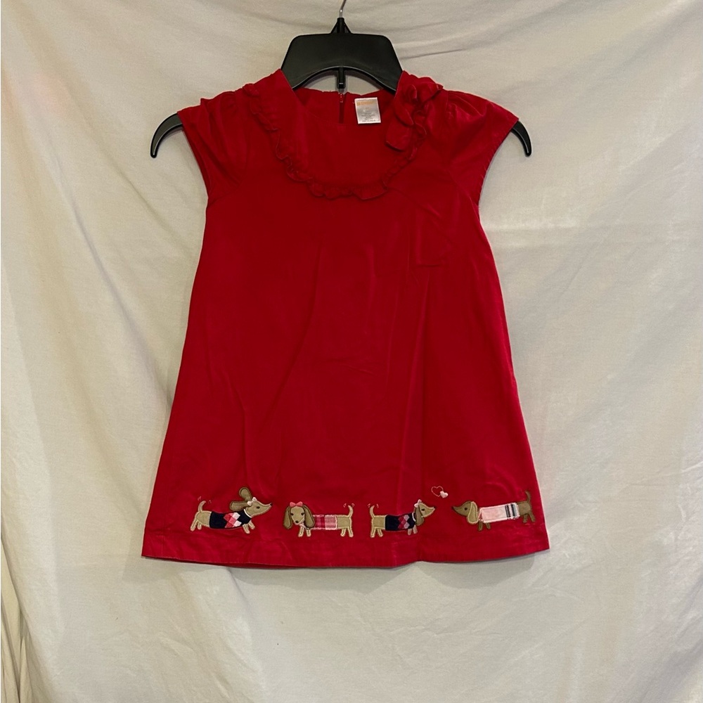 Gymboree Girls Size 5T Red Embroidered Daschund A-Line Bow Dress Puppy School